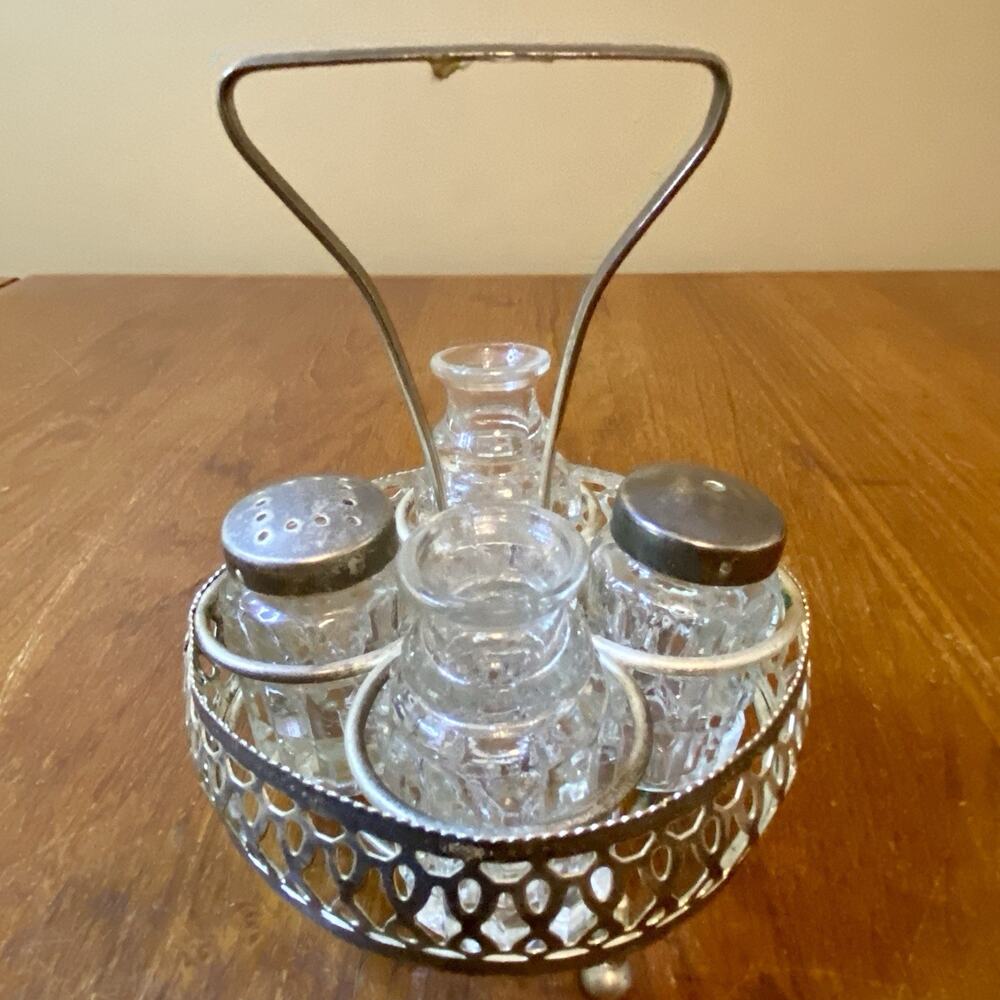 Vintage Raimond Glass Cruets and Salt /Pepper Shakers In Metal Holder